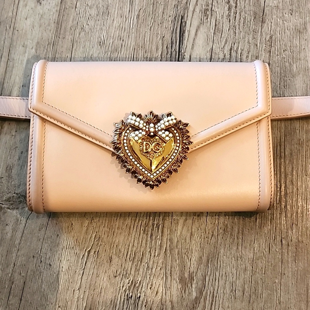 Dolce & Gabbana Blush Pink Leather Mini Belt Bag with Gold Heart Emblem